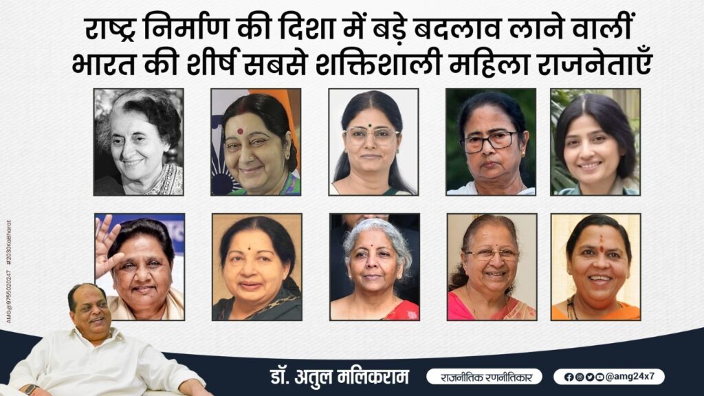 India’s most powerful women politicians contributing to nation building including Indira Gandhi, Sushma Swaraj, Nirmala Sitharaman, Mamata Banerjee, Mayawati, Anupriya Patel and other influential leaders – analysis by political strategist Dr. Atul Malikram."